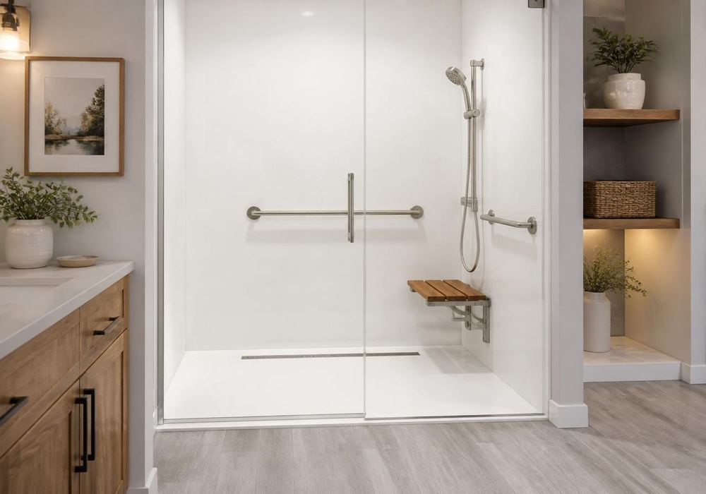 Accessible bathroom with stainless grab bars, comfort-height toilet, and teak shower seat