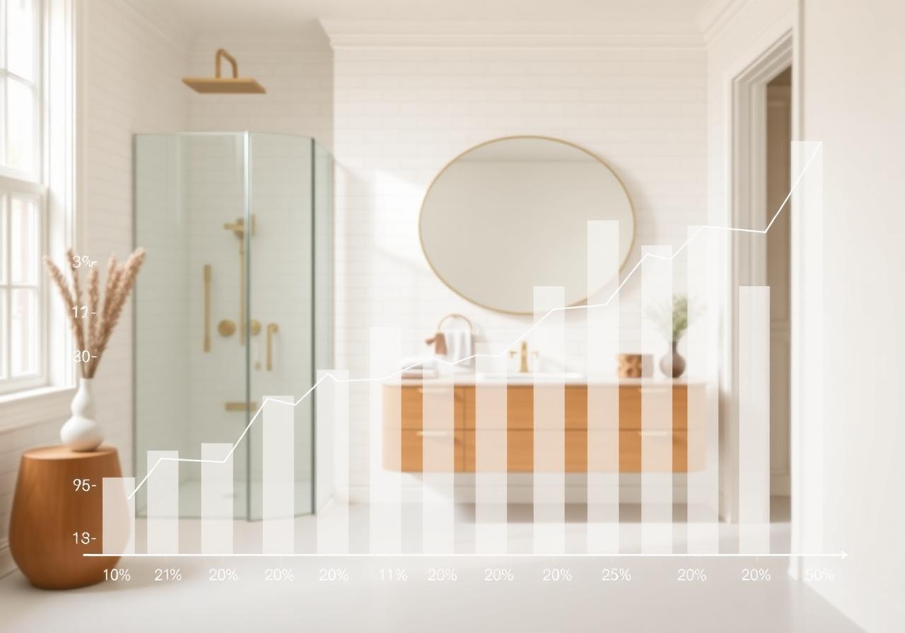 Modern bathroom with a translucent bar-chart overlay showing bathroom remodel trend data