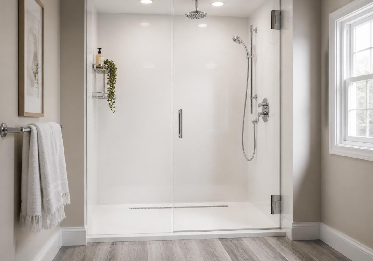 Frameless glass walk-in shower with rainfall showerhead, tile niche, and teak bench